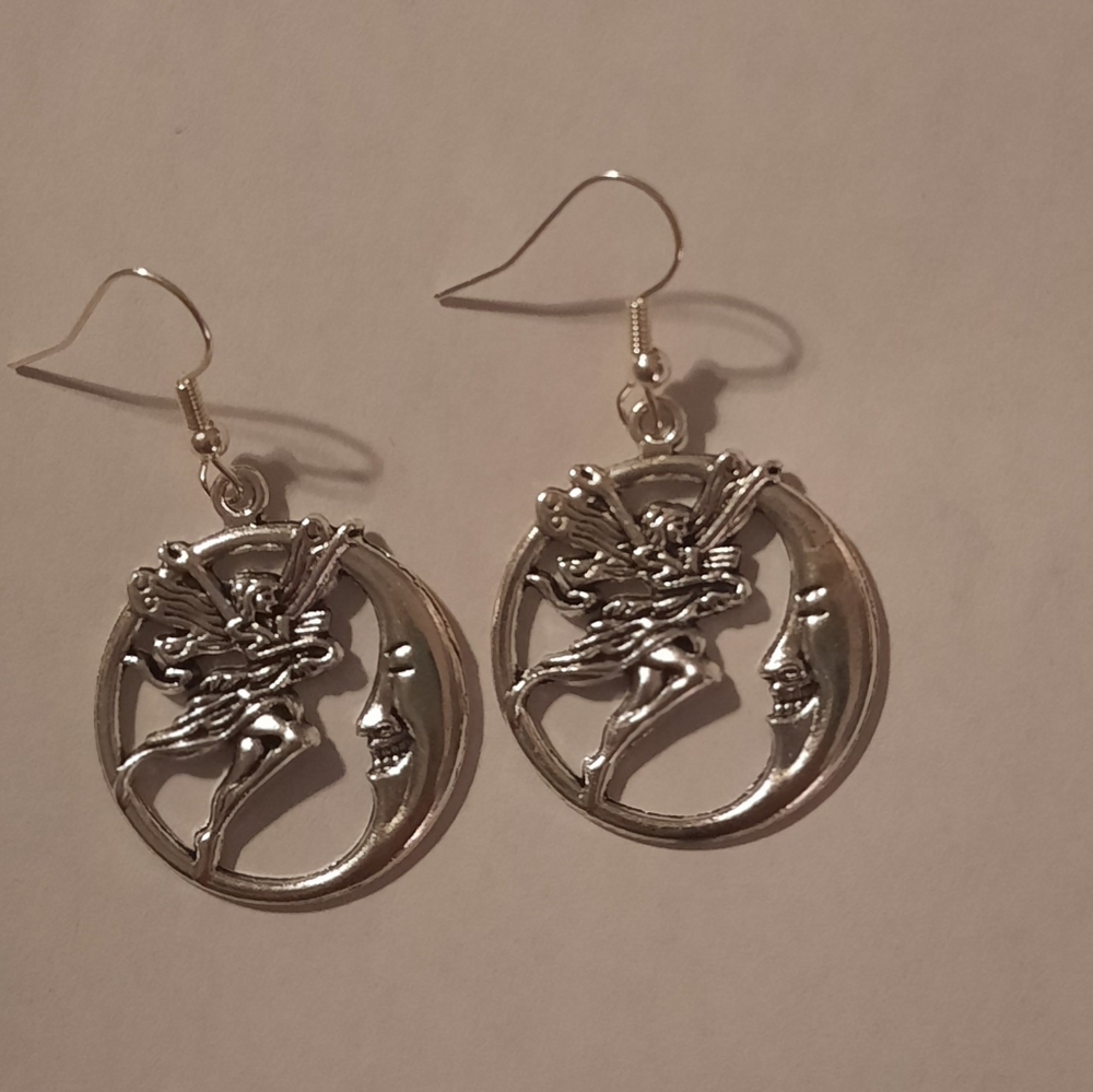 Silver-Tone Fairy Moon Earrings